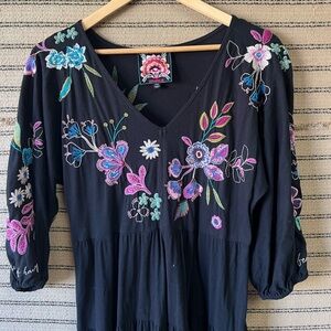 Johnny Was Black Maxi Dress with Floral + Positive Affirmations Embroidery
